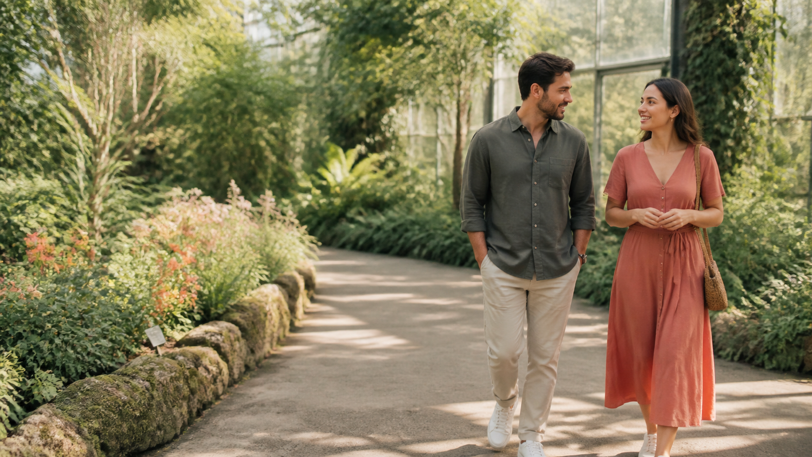 Two adults walking through a botanical garden