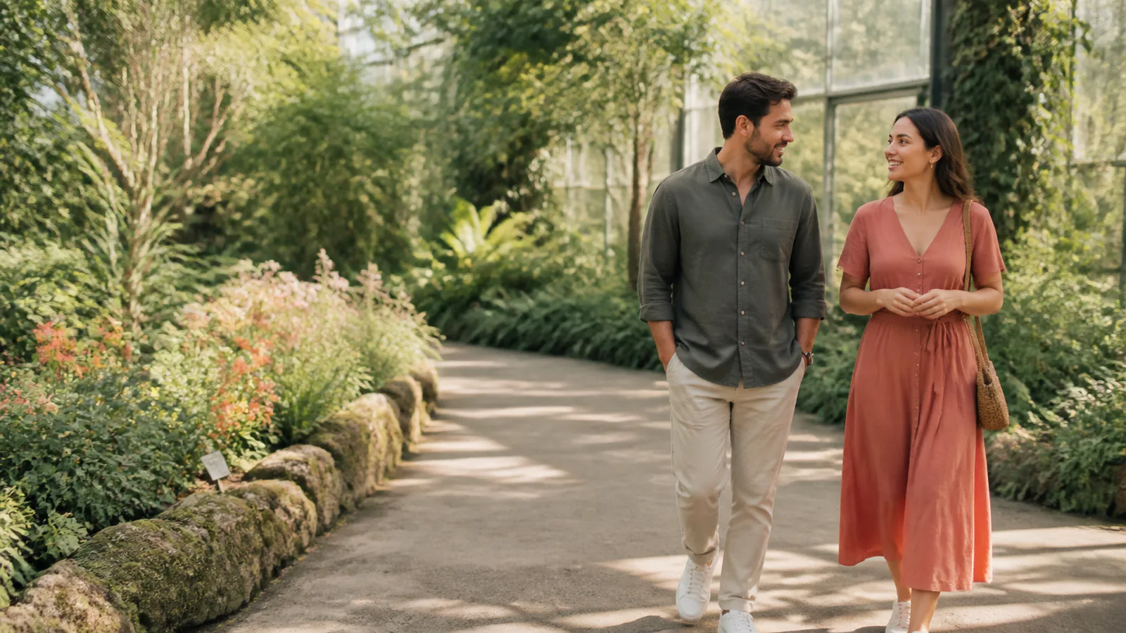 Two adults walking through a botanical garden