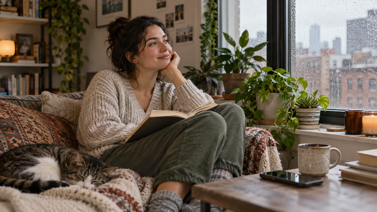 An adult enjoying a quiet afternoon reading at home beside a rain-speckled window